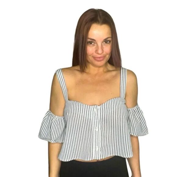 Leith Striped Cold Shoulder Lightweight top White & Black Small - Picture 2 of 5